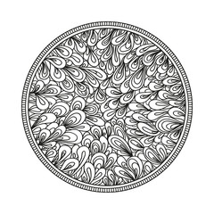 Circle zendala. Abstract element. Zentangle. Hand drawn foliage mandala on isolation background. Design for spiritual relaxation for adults. Print for polygraphy, t-shirts and textiles. Zen art