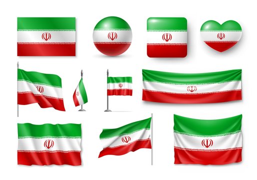 Set Iran flags, banners, banners, symbols, flat icon. Vector illustration of collection of national symbols on various objects and state signs