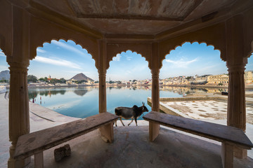 A view of pushkar lake - a well known pilgrimage center for hindu pilgrims at Pushkar, Rajasthan