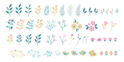 Set of Easter elements for typographic design. Leaves, branches, berries, birds, bunny, flowers, eggs.Vector illustration in modern style.