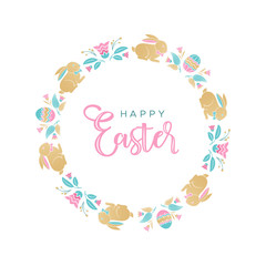 Fototapeta na wymiar Easter wreath with Easter eggs, bunnies, flowers, leaves and branches on white background. Decorative frame with gold elements. Unique design for your greeting cards, banners, flyers.