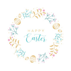 Easter wreath with Easter eggs, flowers, leaves and branches on white background. Decorative frame with gold elements. Unique design for your greeting cards, banners, flyers. Vector in modern style.