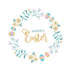 Easter wreath with Easter eggs, flowers, leaves and branches on white background. Decorative frame with gold elements. Unique design for your greeting cards, banners, flyers. Vector in modern style.