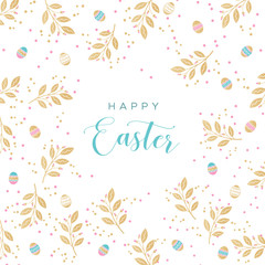 Happy Easter - greeting card. Unique design with branches and Golden Easter eggs. Vector illustration in modern style