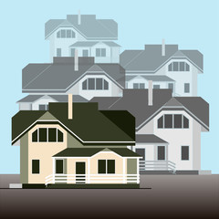 A group of detached houses on a light blue background. Detailed vector illustration. Flat style.