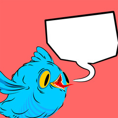 Blue bird and speech bubble. Birdie and place for text. cartoon style