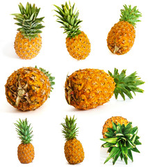 many different pineapple on white background. whole and cut.