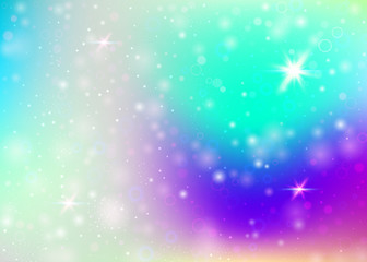 Fototapeta na wymiar Hologram background with rainbow mesh. Girlie universe banner in princess colors. Fantasy gradient backdrop. Hologram unicorn background with fairy sparkles, stars and blurs.