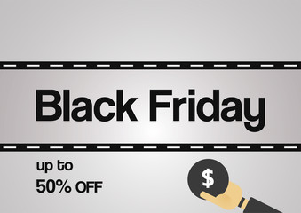 Banner template for Black Friday with text space on grey and white background. Hands hold the black circle.