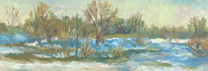 spring panorama with river painting