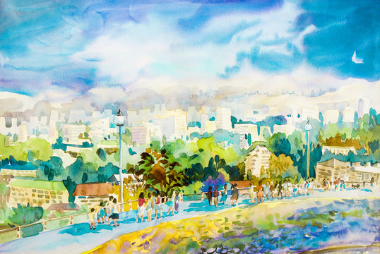  Painting colorful of view on mountain and building in the city.
