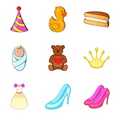 Birth of child icons set, cartoon style