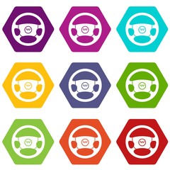 Steering wheel of taxi icon set color hexahedron