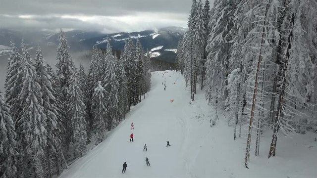Skiers and snowboarders go down the slope in a ski resort. Top view