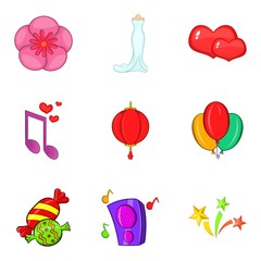 Female celebration icons set, cartoon style