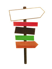 wood sign with directional arrows isolated on white background