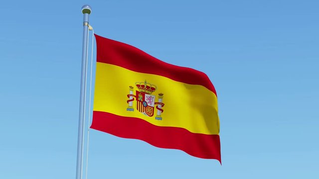 Flag of Spain waving against blue sky. Beautiful three dimensional rendering 3D animation.