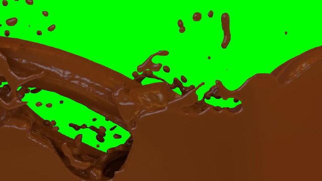 Animated jet or stream of melted chocolate or thick chocolate milk pouring and splashing filling up whole container against green background. One inflow source.