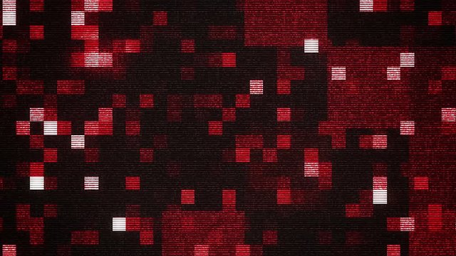 A fuzzy 3d rendering of small radiant red, purple and white squares making bright compositions in the black background. The blurred figures change their grids in a joyful way.