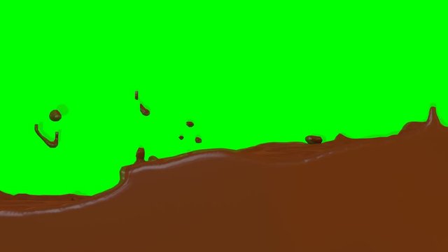 Animated a lot of melted chocolate or thick chocolate milk pouring and splashing rapidly filling up whole container against green background.