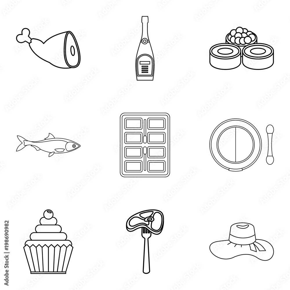 Wall mural table setting icons set, outline style