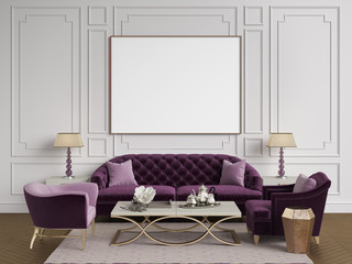 Classic interior in purple,pink and goldcolors.Sofa,chairs,sidetables with lamps,table with decor.White color walls with mouldings,frame with blank list on the wall.