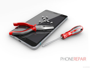 Mobile service concept. Smarthone with tools. 3d illustration