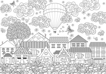 hot air balloon in the sky above the cute city for your coloring