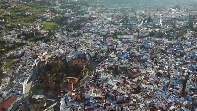 Aerial view of famous Medina blue old city Chefchaouen, Morocco, 4k
