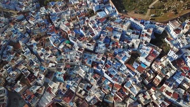 Aerial view of famous Medina blue old city Chefchaouen, Morocco, 4k
