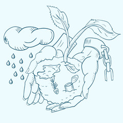 contour illustration of human hands holding a sprouting plant among debris