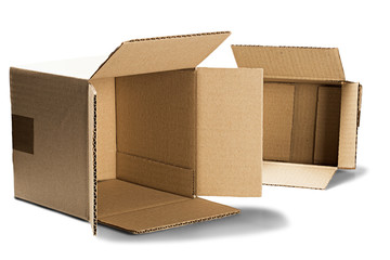 Cardboard box for post service on isolated white background. Parcel with empty space for your text....