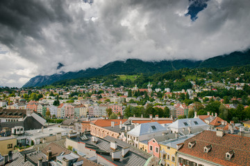 Fototapeta na wymiar Innsbruck, Austria. View from the tower. Top view of the city. Sky with clouds above the beautiful city. 