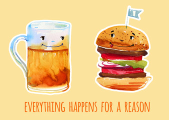 Beer mug and burger cartoon watercolor illustration t for posters and cards on yellow background