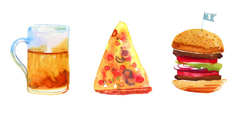 Beer, pizza and burger hand drawn watercolor set for posters and cards