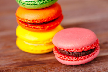 Closeup of colorful macaron dessert.