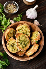 Toasts with cheese, greens and garlic