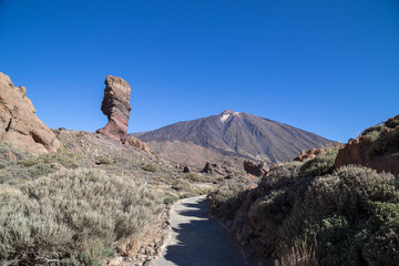Roque García with Pico del Teide at the background - Teide Peak is the highest point in Spain (3718 m) ,Teide National Park, Tenerife Island, Spain