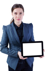 Smiling businesswoman holding digital tablet with blank screen. Isolated on white.