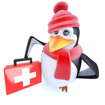3d Funny cartoon penguin character dressed for winter holding a first aid kit