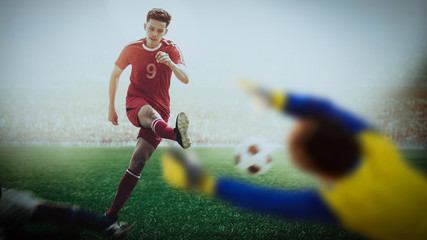 red team soccer footballer shooting the ball pass blue team for goal scoring during match in the...