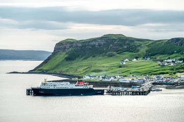 View of the town Uig with it's harbour connection to the outer hebrides