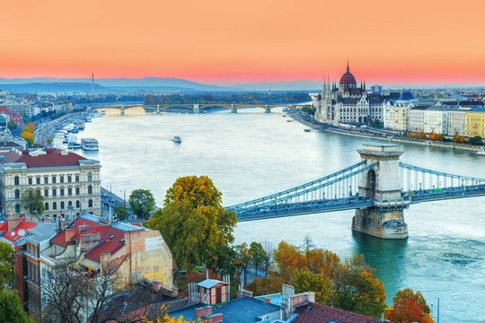 Budapest, Hungary. Lovely iconic skyline of Danube delta in Budapest, sunset scenery.