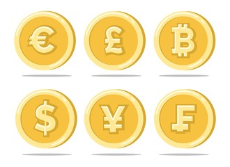 Currency coins. Sterling pound and euro, dollar and japanese bitcoin gold coin set isolated on white, different currencies vector illustration