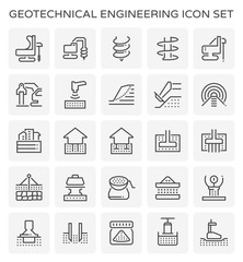 Geotechnical engineering, geotechnics and geology vector icon with machine equipment i.e. earth auger drill core bit, rig. Include survey, soil sample, laboratory test analysis for road, foundation.