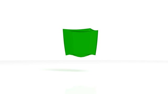 Animated bouncing green square jello against white reflective surface in slow motion.