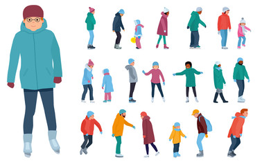People riding on the ice on a frozen lake. Isolated on white background. Family fun outside. Cartoon vector illustration. Flat cartoon illustration. Lifestyle. © AyhaanA