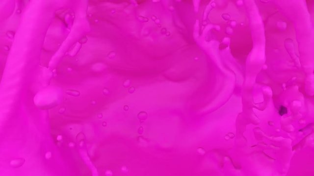 Animated realistic droplets of pink or magenta oil paint falling into full container and splashing in slow motion.