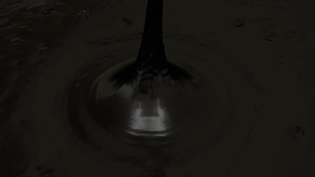 Animated realistic drop of crude oil or black oil paint falling into full container and splashing in slow motion.