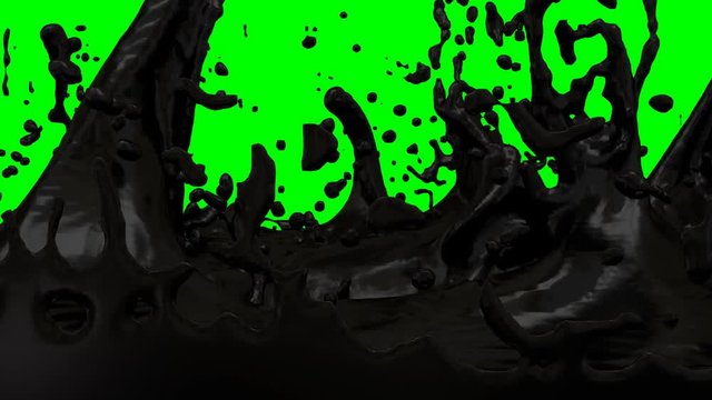Animated realistic droplets of crude oil or black oil paint falling into full container and splashing against green background and in slow motion.